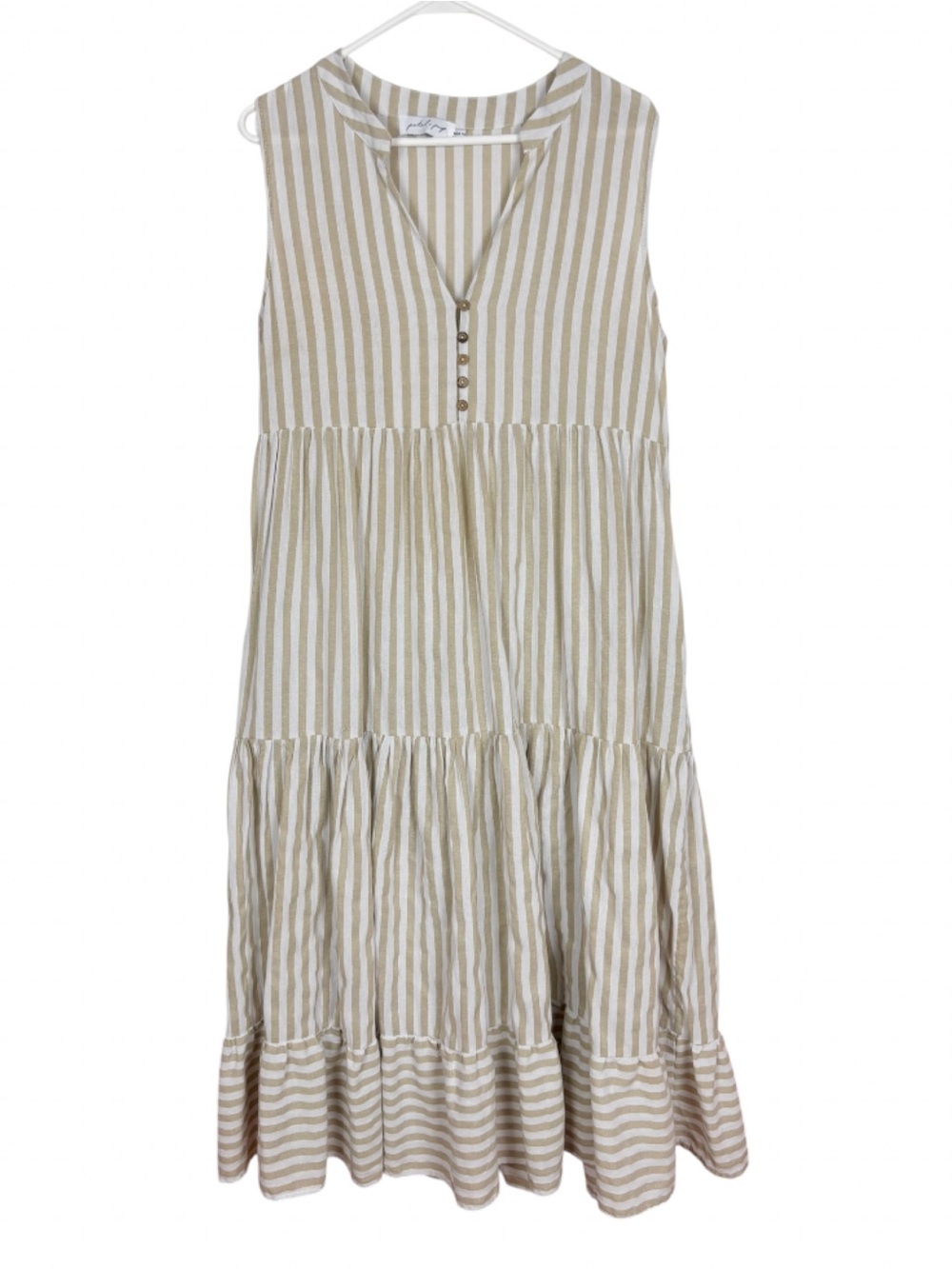 Petal & Pup Dress Size 10 Tiered Midi Tan White Striped Sleeveless Pockets